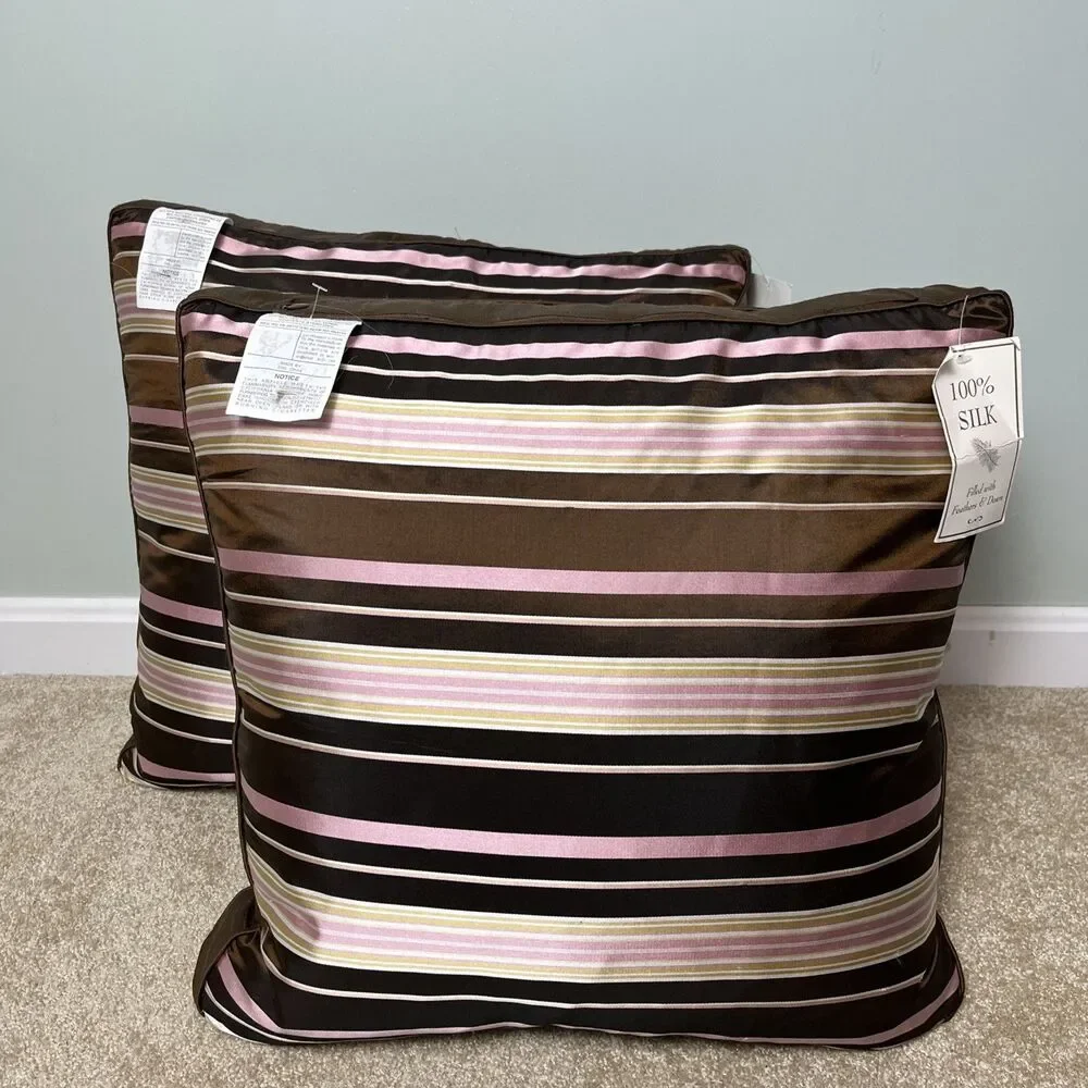 2 100% Silk Striped Throw Pillows Cushions Feather & Down Inserts 18x18 NWT Read